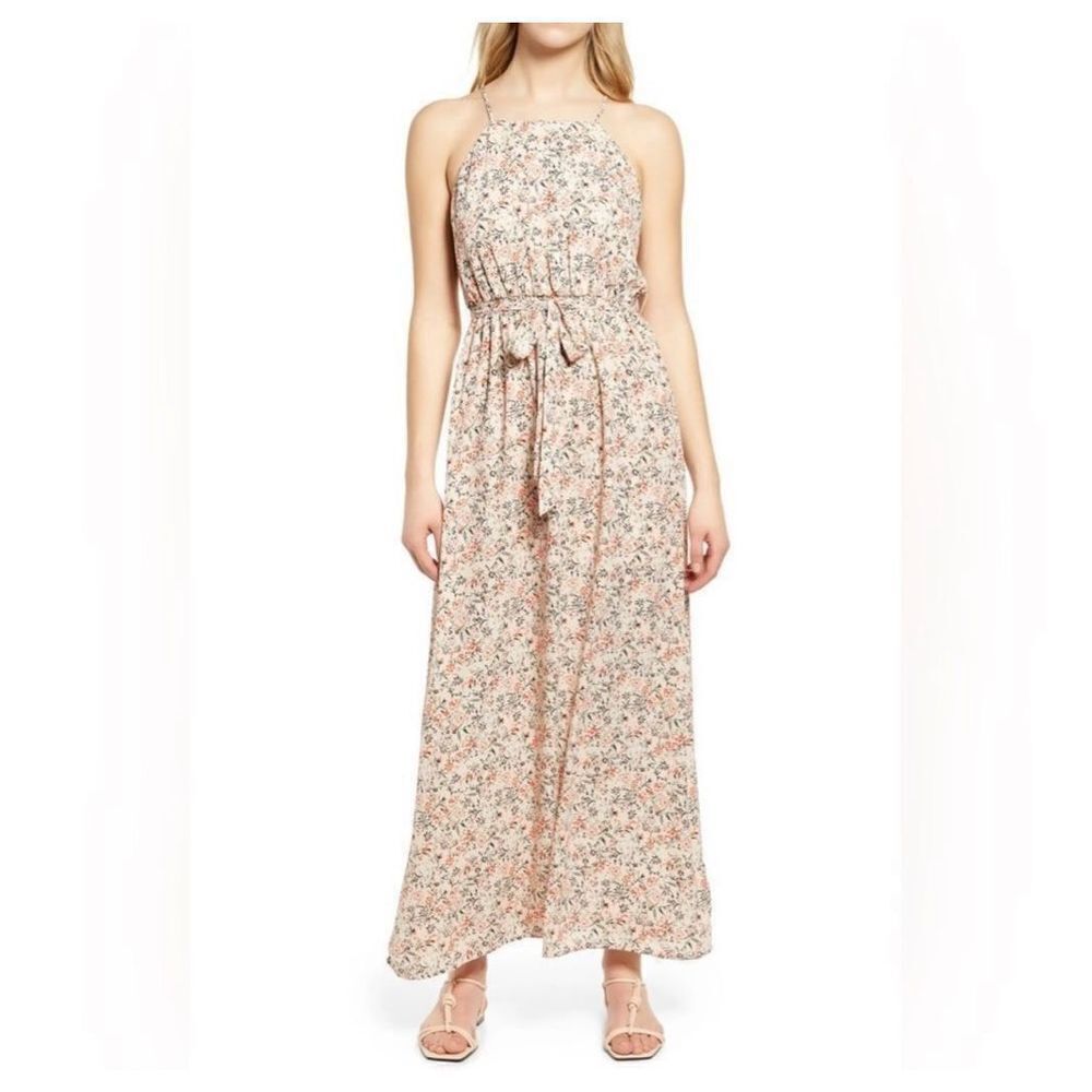Halogen pink red vine flower printed sleeveless dress with tie waist size S NWT